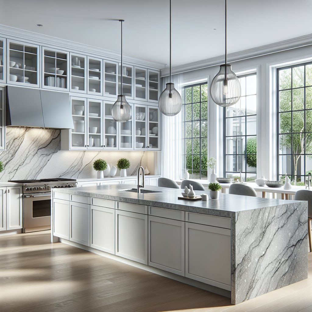 A modern kitchen featuring sleek gray quartz countertops, stainless steel appliances, white cabinetry, and natural light.