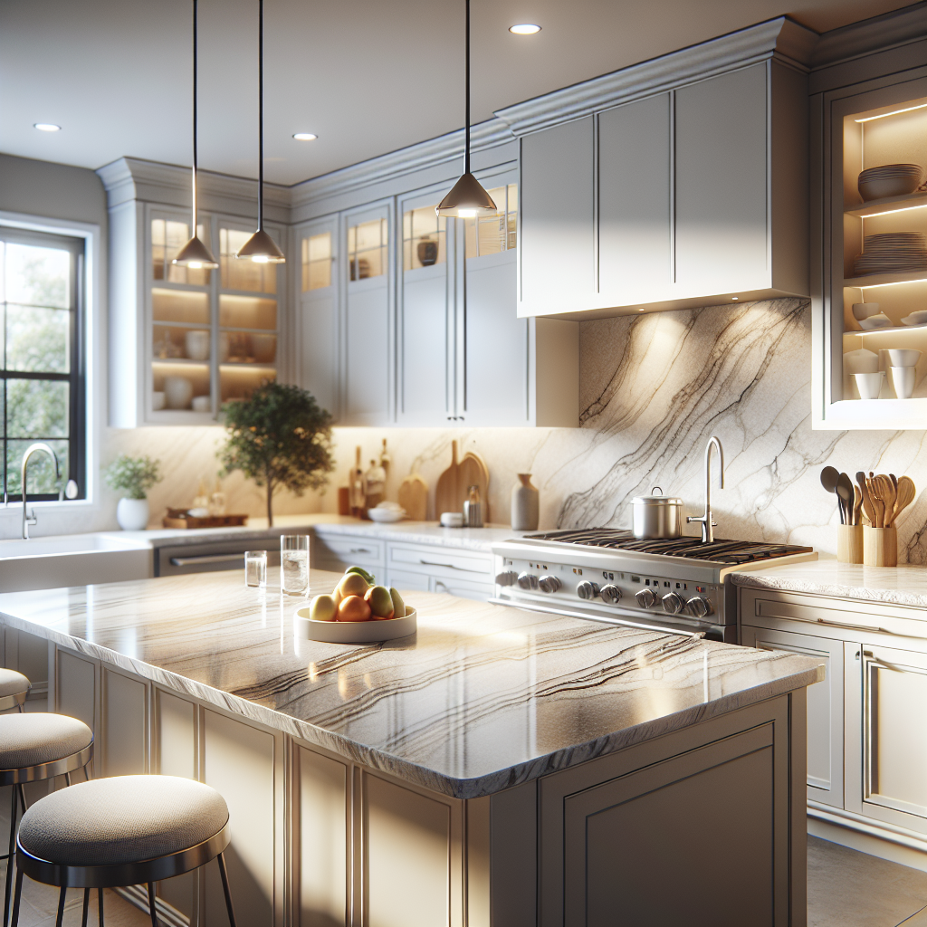 A modern kitchen featuring white cabinets and polished quartz countertops with subtle veining patterns.