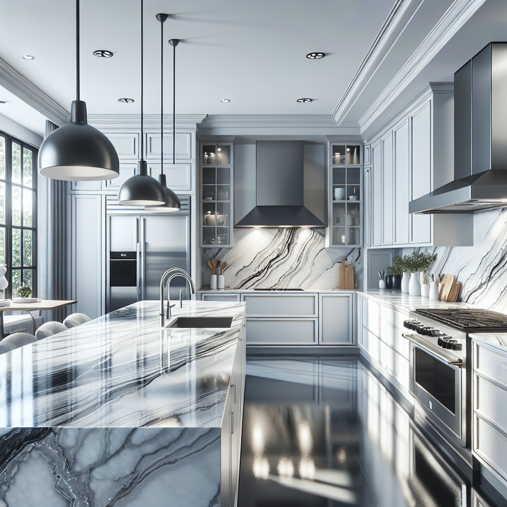 Modern kitchen with sleek quartz countertops featuring white and subtle gray veins.
