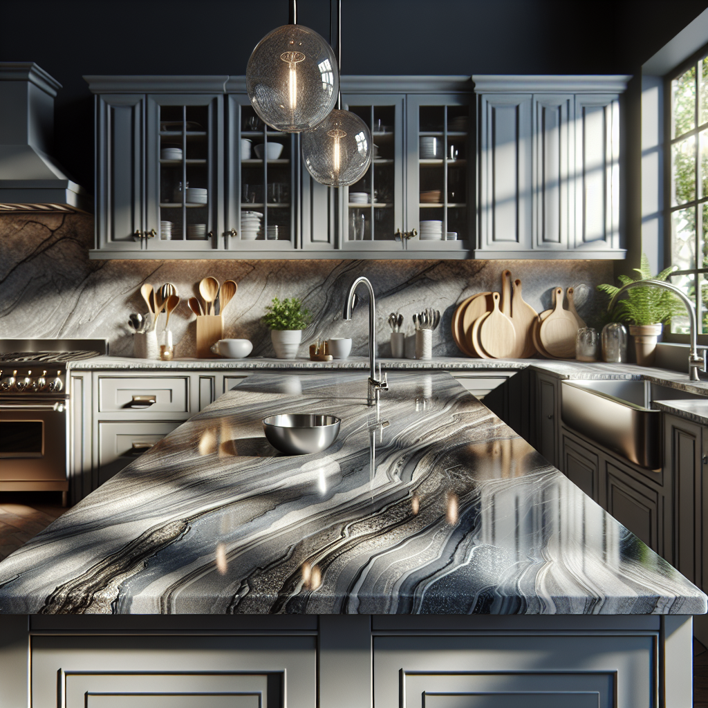 Modern kitchen with elegant quartz countertops in various colors and patterns, featuring sleek cabinets and a stainless steel sink.