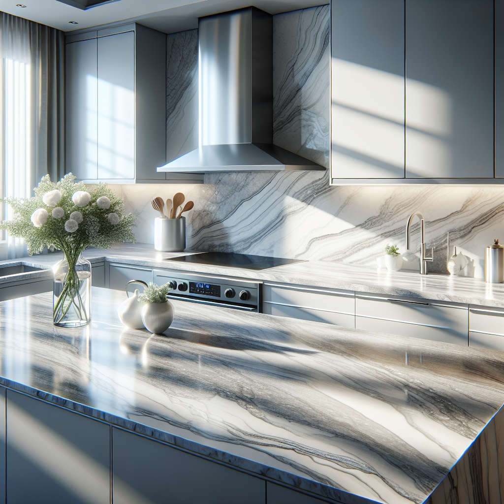 Modern kitchen with white and gray quartz countertops, stainless steel appliances, and white cabinets.