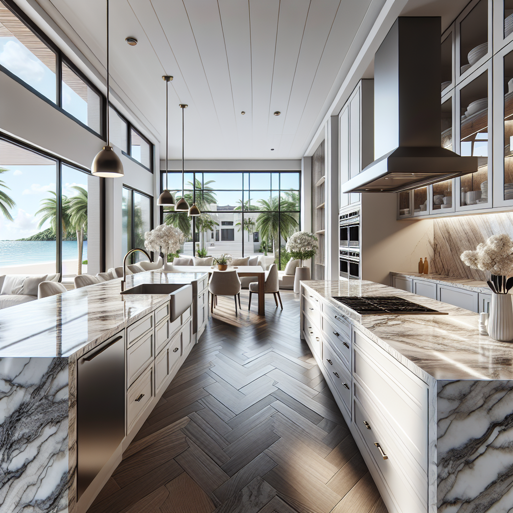 A luxurious kitchen interior in Pompano Beach showcasing elegant quartz countertops with a natural stone pattern.