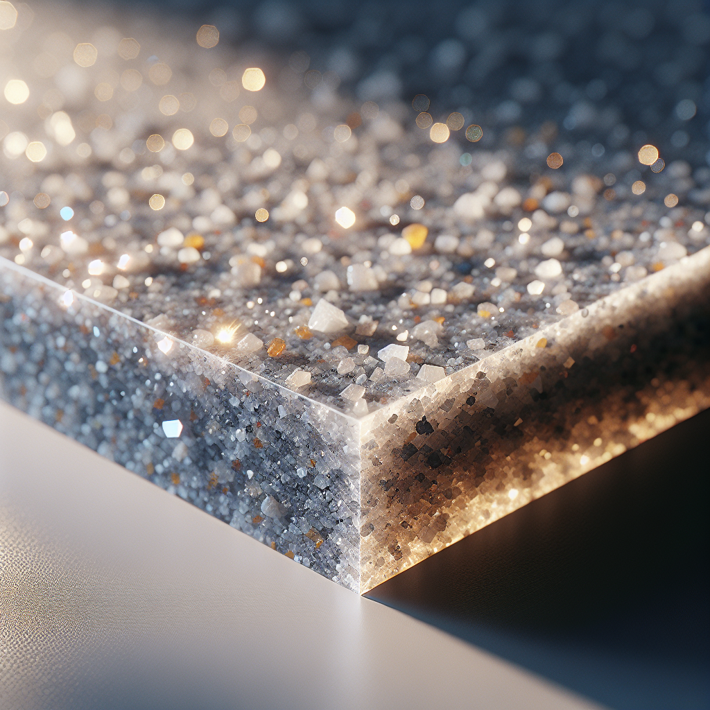 A close-up view of a quartz countertop, highlighting its composition of ground quartz, resins, and pigments.