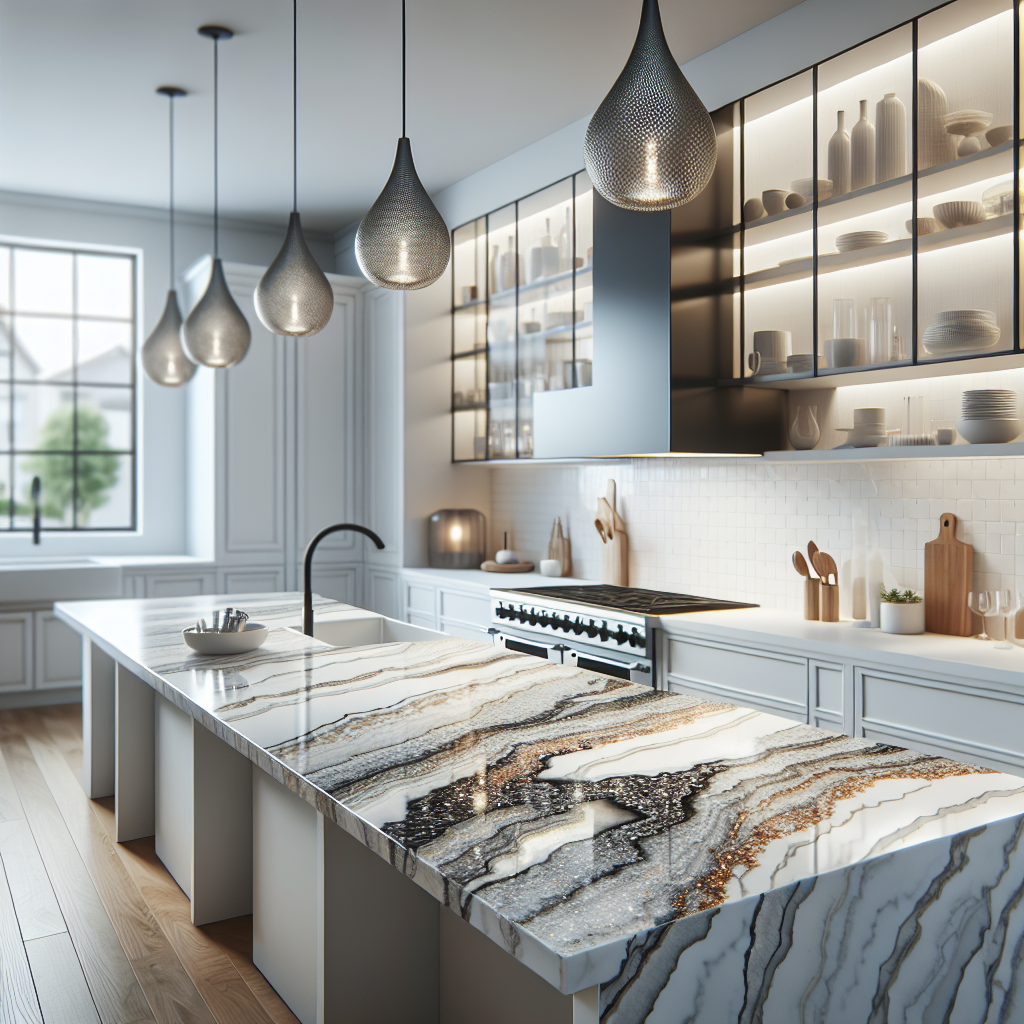 Quartz countertop in a modern kitchen, showcasing its smooth surface and intricate patterns.