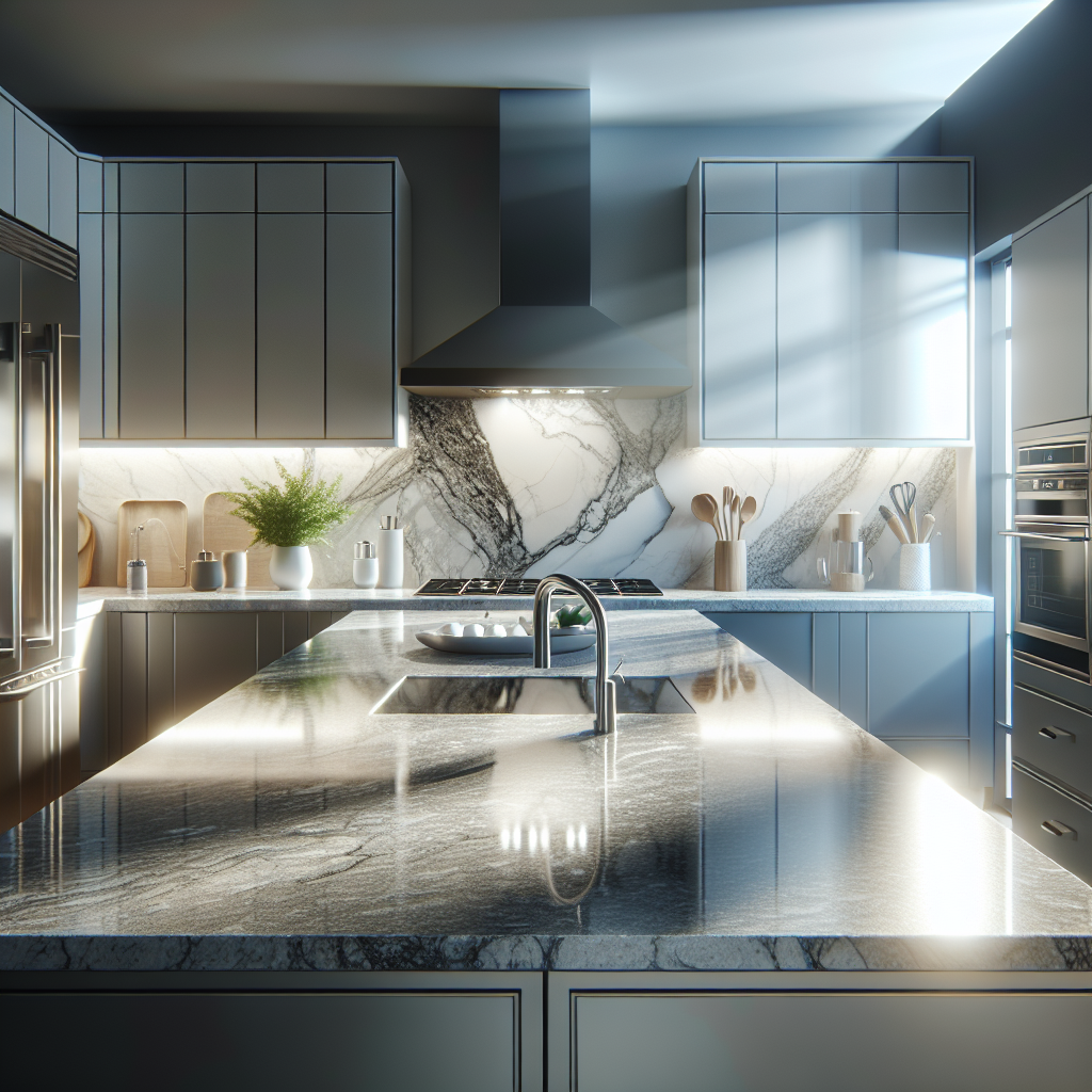 A modern kitchen with sleek quartz countertops, showcasing various colors and designs, with contemporary cabinets and stainless steel appliances in bright natural lighting.