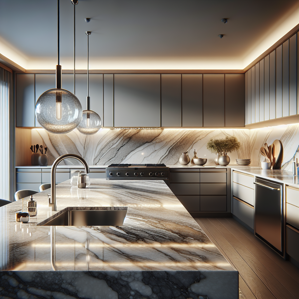 Modern kitchen featuring luxurious quartz countertops, showcasing their smooth, polished surface.