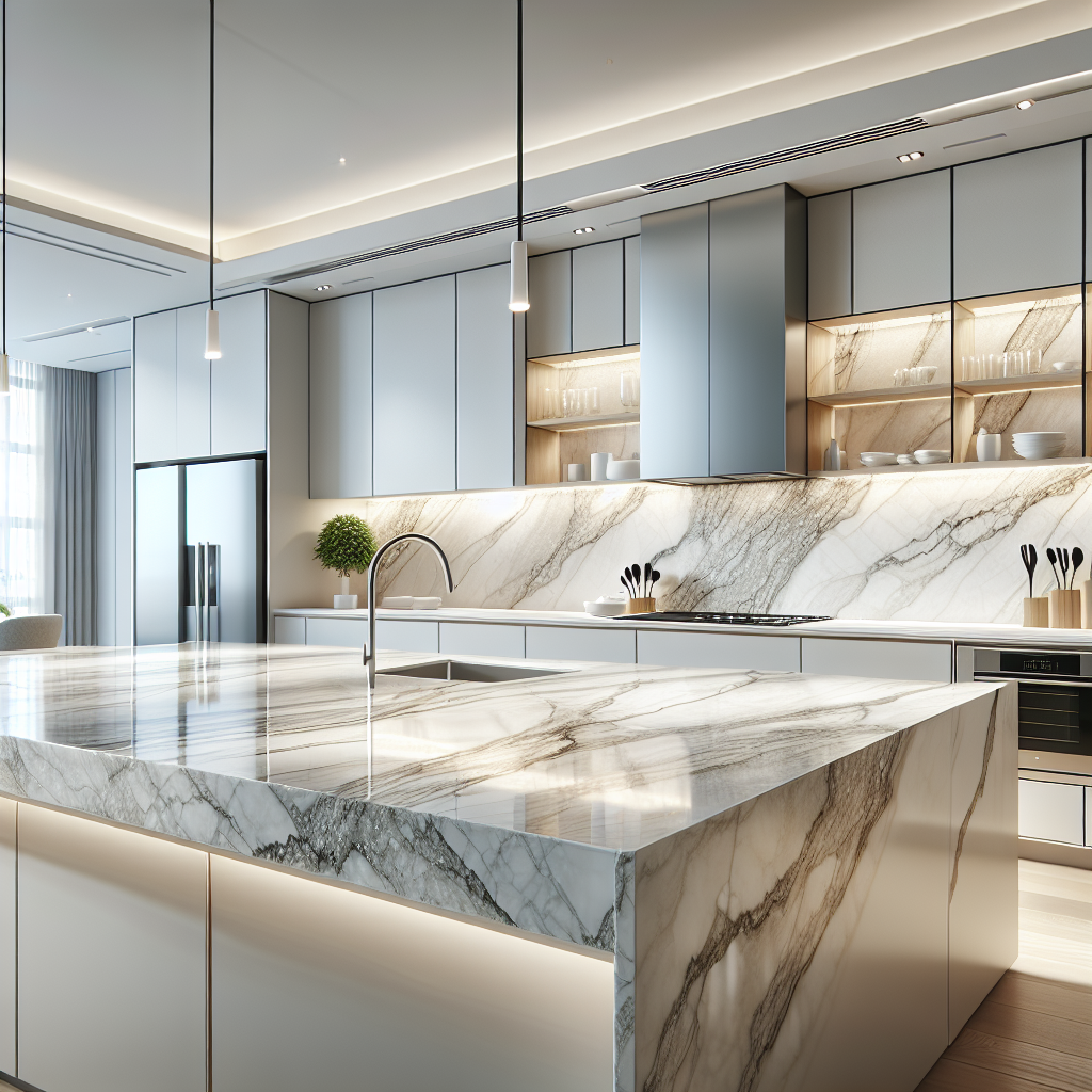 Modern kitchen with quartz countertops, white cabinets, and stainless steel appliances.