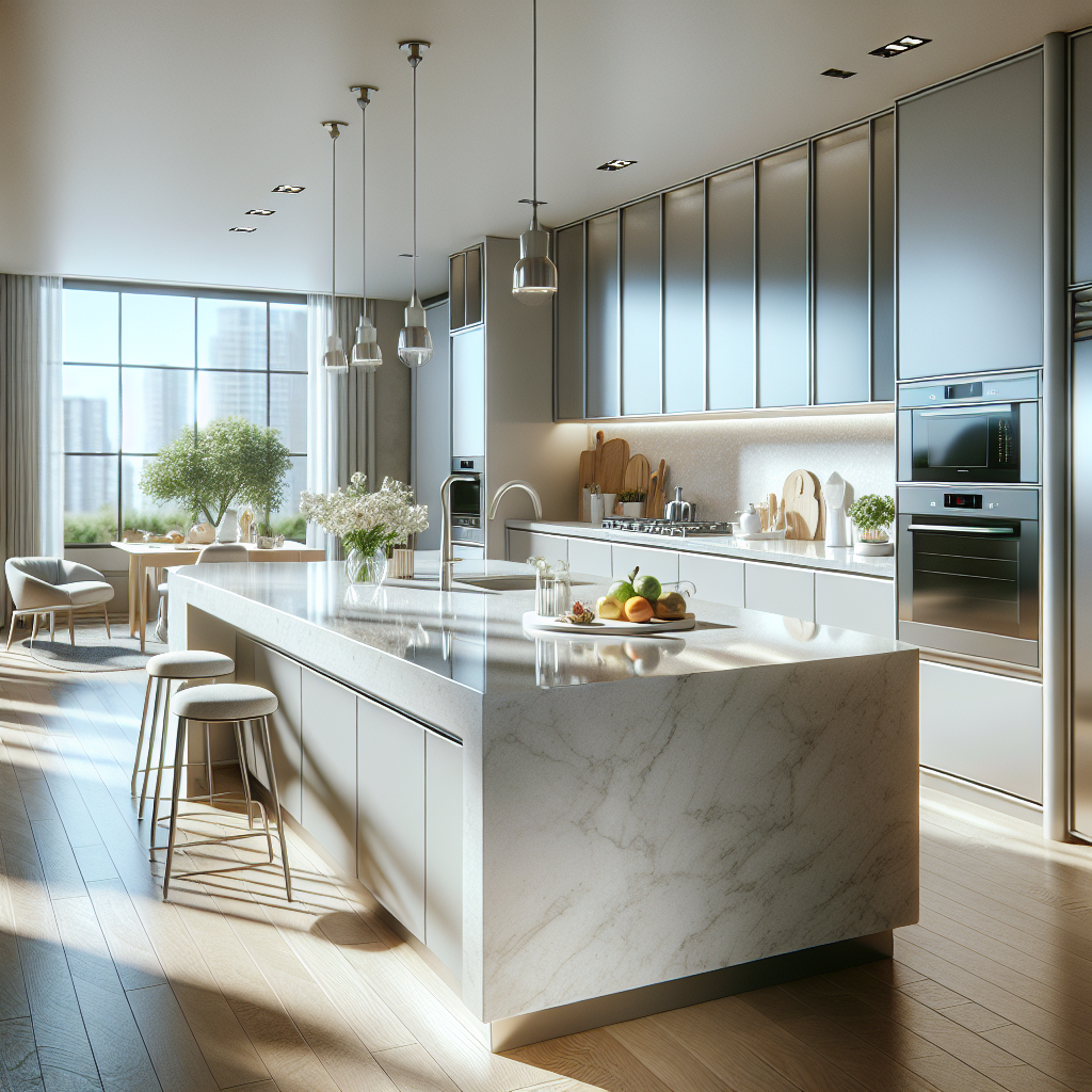 A modern kitchen with a polished quartz countertop, natural light, and contemporary decor.