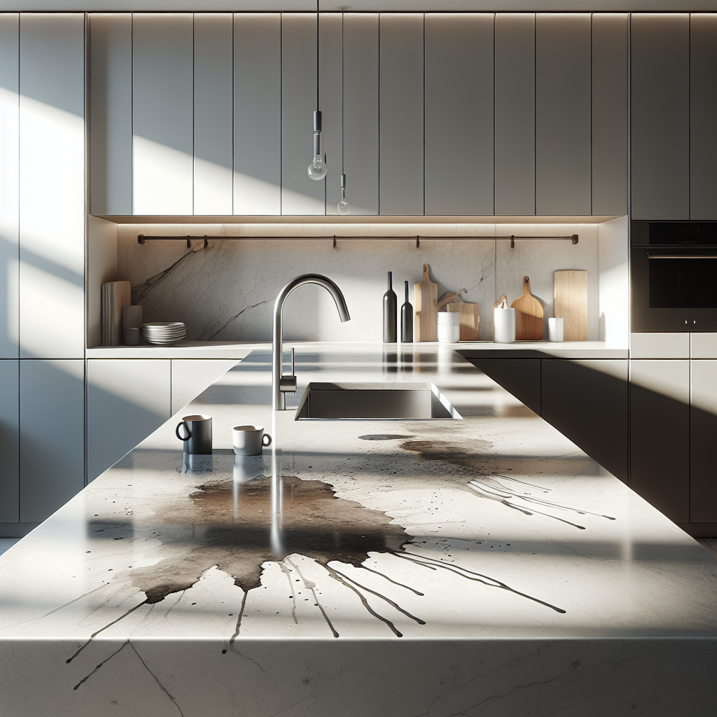 Modern kitchen with a quartz countertop featuring coffee, tea, and wine stains.