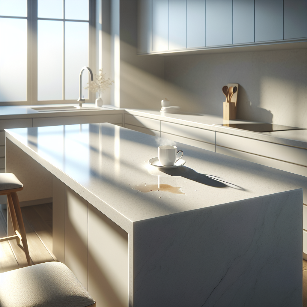 A modern quartz kitchen countertop with a small coffee or tea stain, showing its elegance and durability.