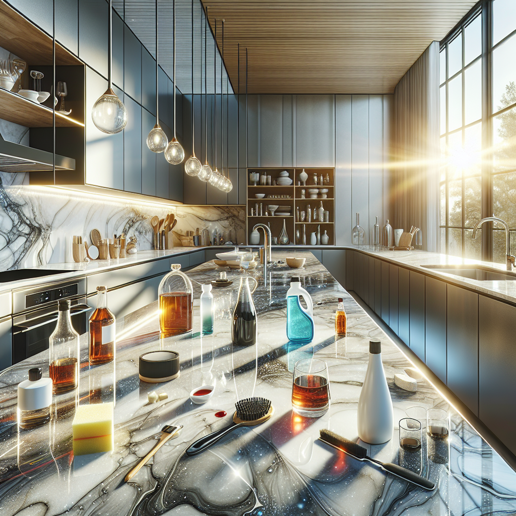 Modern kitchen showcasing quartz countertops with slight stains from coffee, tea, wine, and cleaning products.