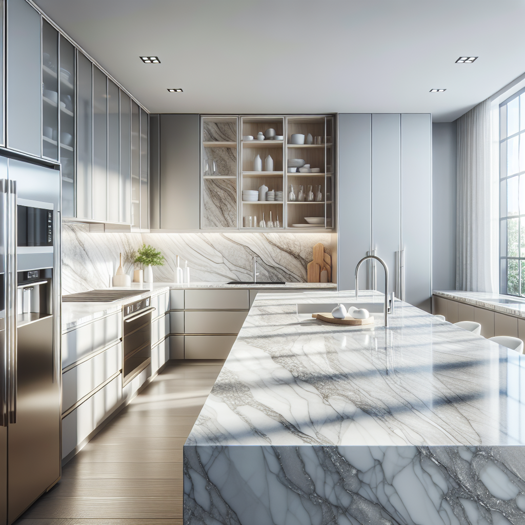 A modern kitchen with a polished quartz countertop, subtle white and grey veining, contemporary cabinetry, and stainless steel appliances.