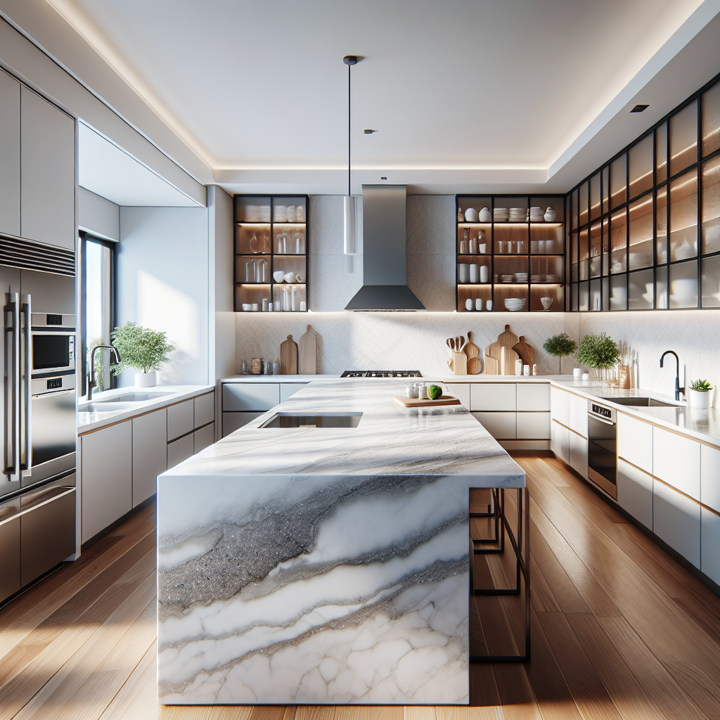 A modern kitchen with a pristine quartz countertop exhibiting a smooth, polished surface.