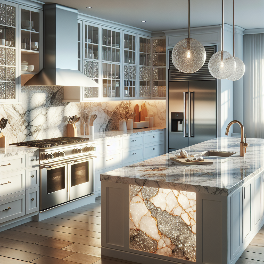 A modern kitchen with glossy quartz countertops and stainless steel appliances.