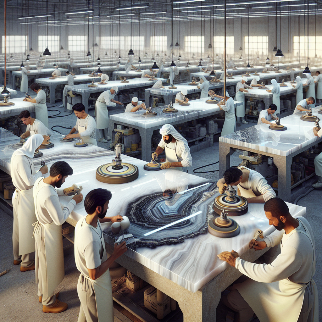 Craftsmen polishing quartz slabs in a workshop with advanced tools, showcasing glossy, smooth, and reflective surfaces.