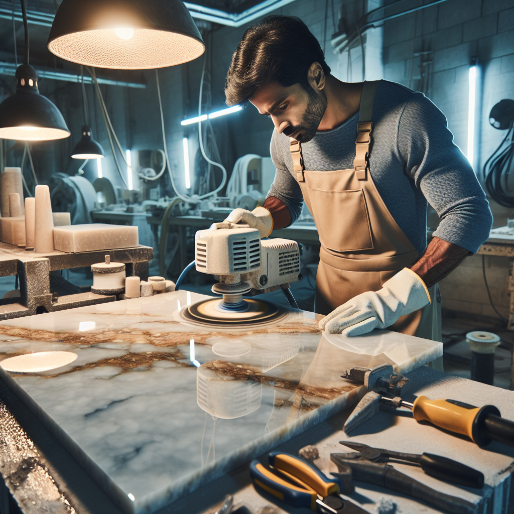 Craftsman polishing a large quartz slab in a professional workshop, showcasing the glossy finish and the tools used in the process.