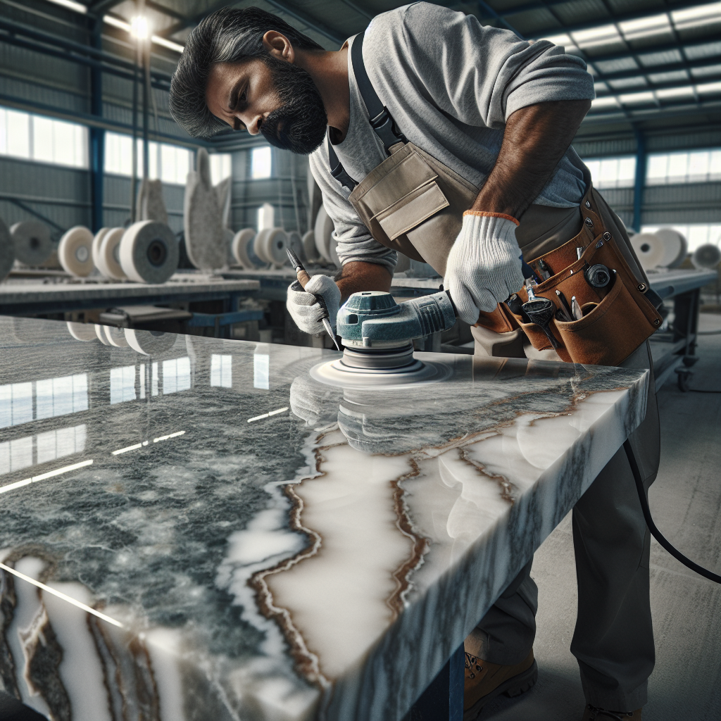 A realistic image of a quartz slab being polished by a craftsman.