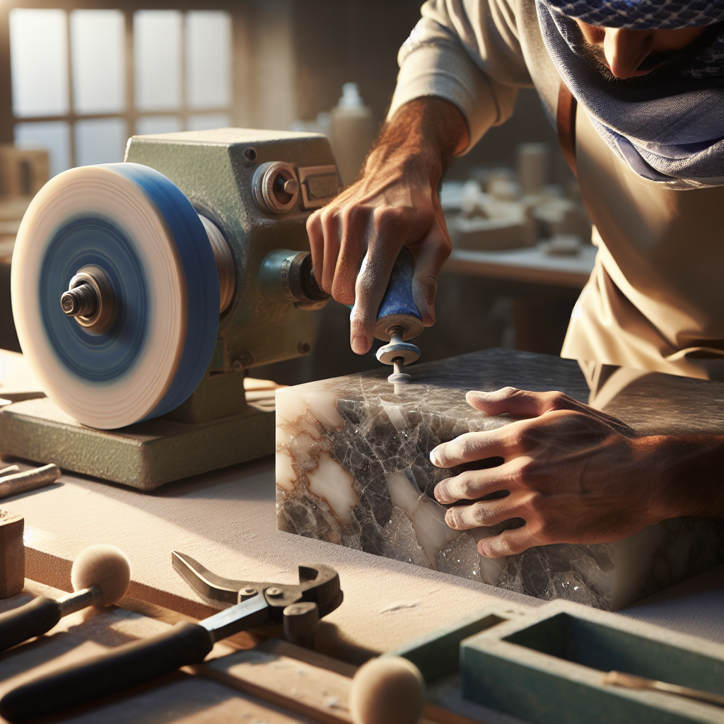 Craftsman polishing a quartz slab with a machine in a workshop, showcasing the glossy finish and professional tools.