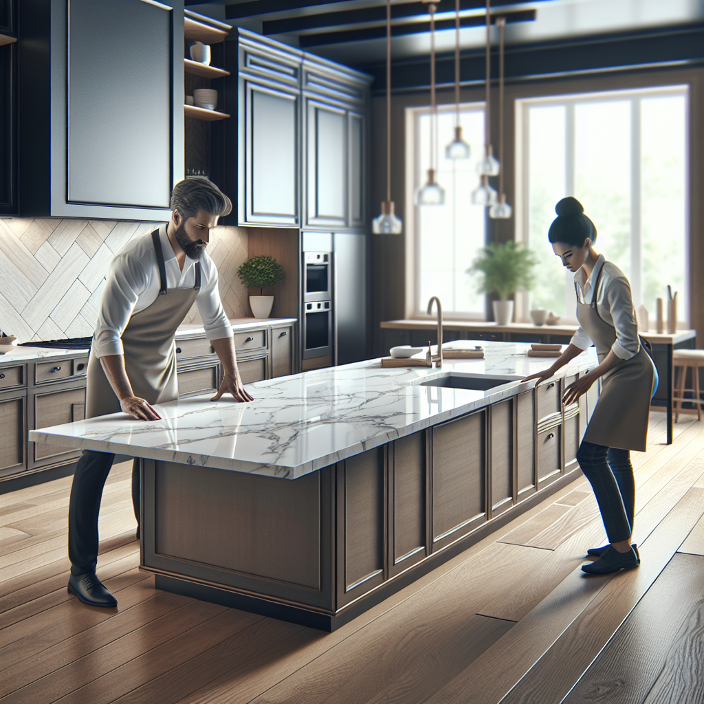 Professionals installing a quartz countertop in a modern kitchen.