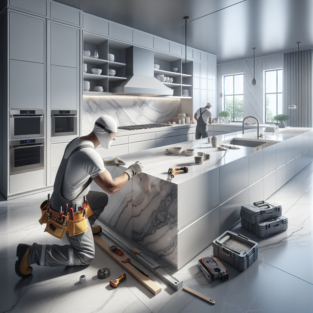 A craftsman fitting a quartz countertop in a modern kitchen, highlighting the installation process.