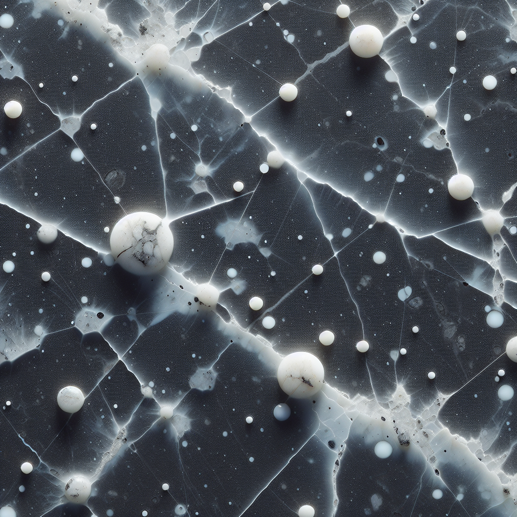 Close-up of a quartz countertop with white calcium deposits.