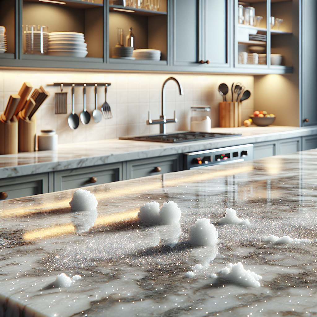 A quartz countertop with white chalky calcium deposits in a kitchen setting.