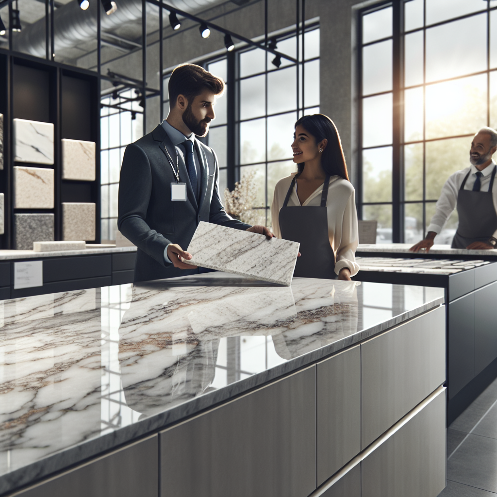 A polished quartz countertop slab displayed in a showroom with sales staff assisting customers.