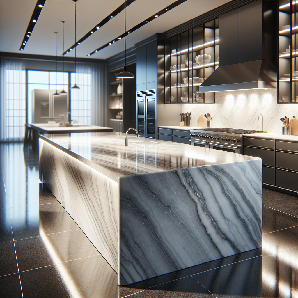 Realistic image of a polished quartz countertop in a modern kitchen retail showroom.