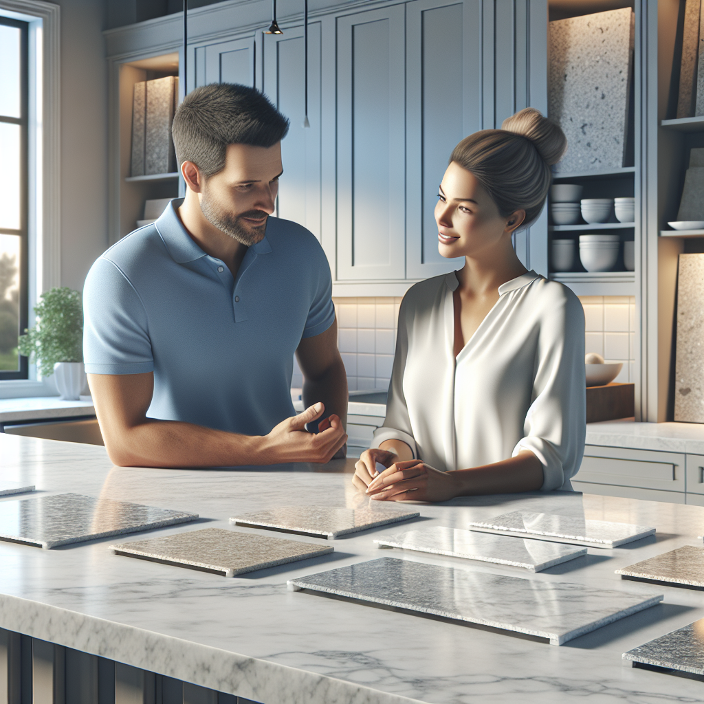 Modern kitchen showcasing quartz countertops with two people discussing samples.