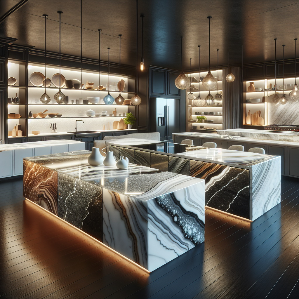 Modern kitchen showroom showcasing various quartz countertops in different colors and patterns.