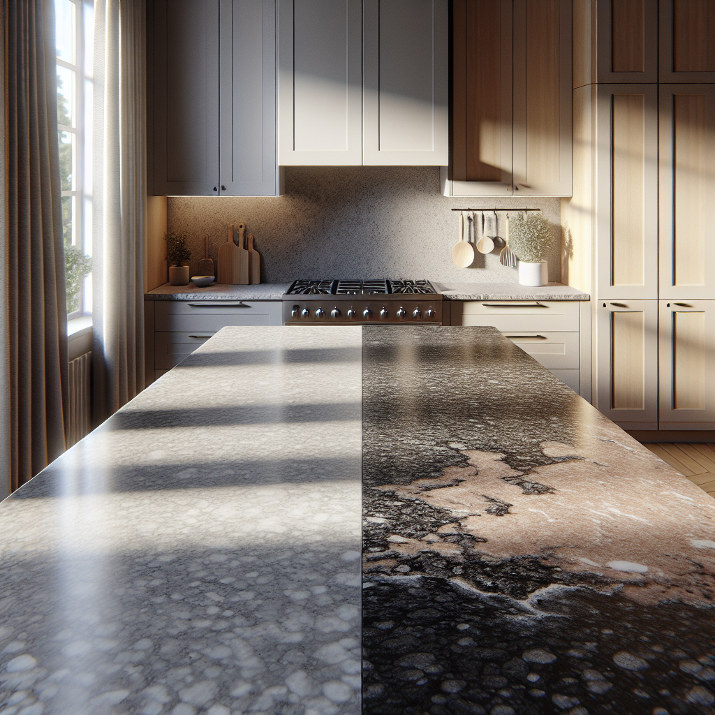A realistic kitchen setting showcasing both quartz and granite countertops side-by-side, highlighting their textural and visual differences.