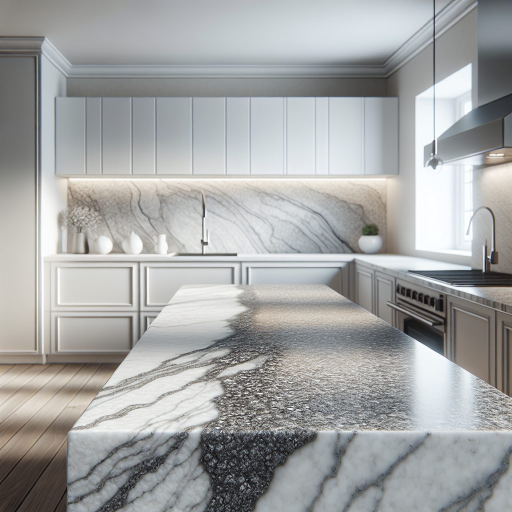A realistic kitchen countertop featuring both white quartz with grey veining and black and grey granite surfaces.
