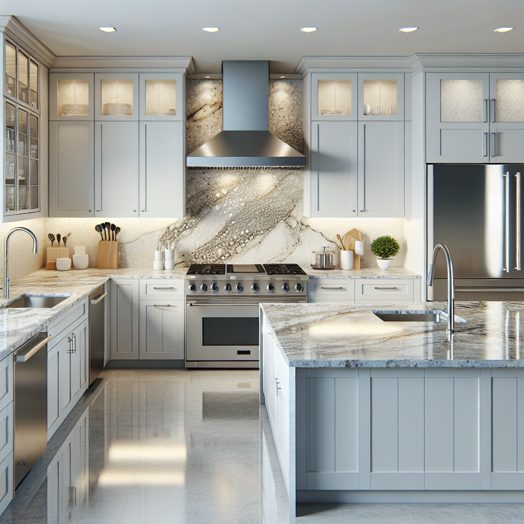 Modern kitchen with HanStone Quartz countertops featuring natural stone-like patterns and colors.