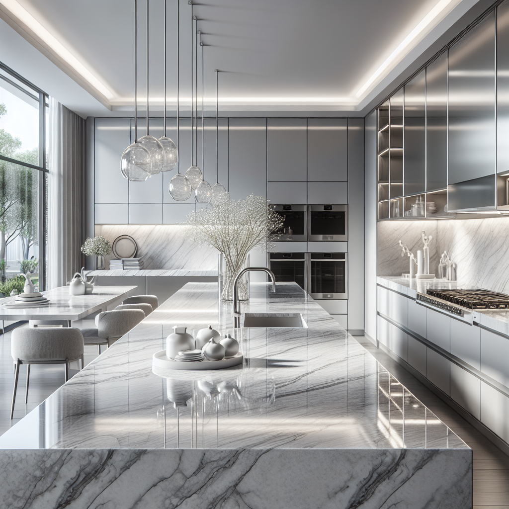 A modern kitchen with glossy, light gray quartz countertops and stainless steel appliances.
