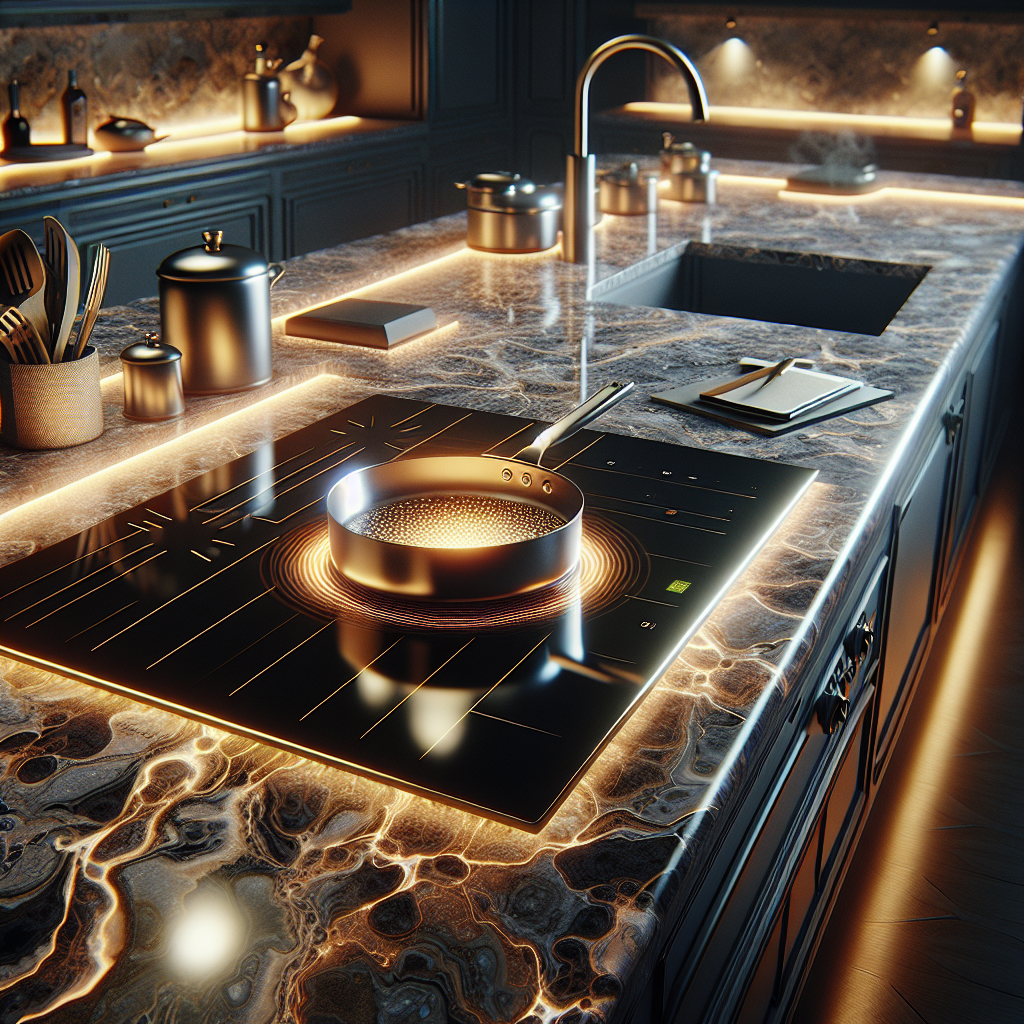 A modern kitchen with a quartz countertop, featuring a hot pan on a trivet and additional heat protection accessories.