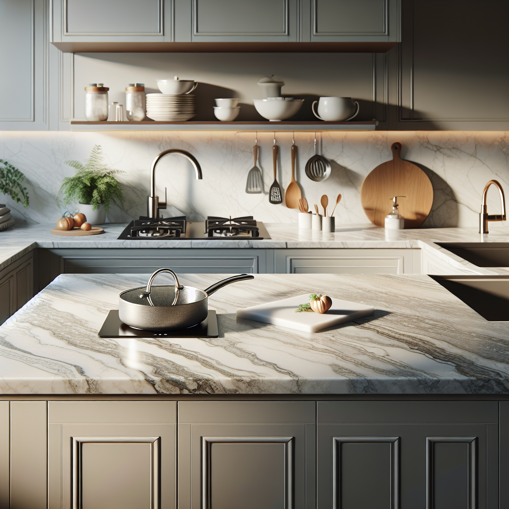 Realistic kitchen scene with a quartz countertop and a pan on a hot pad.