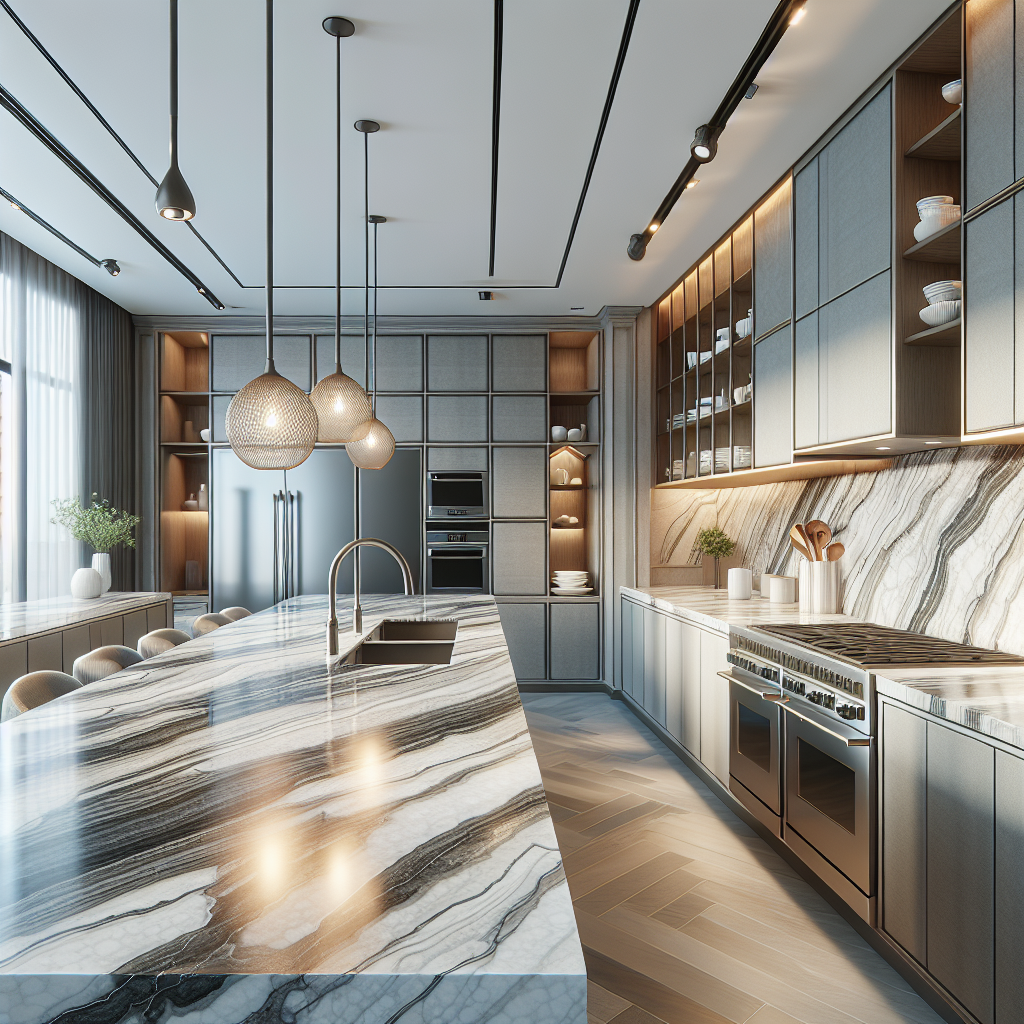 Modern kitchen with Hanstone Quartz countertops, showcasing a sleek and polished design with a subtle stone-like pattern.