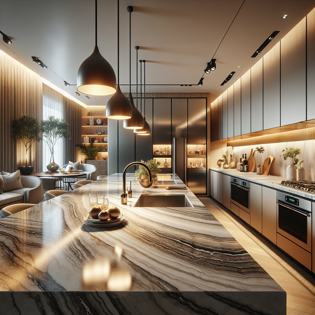 Luxurious kitchen featuring Hanstone Quartz countertops with a sleek modern finish and natural warm lighting.