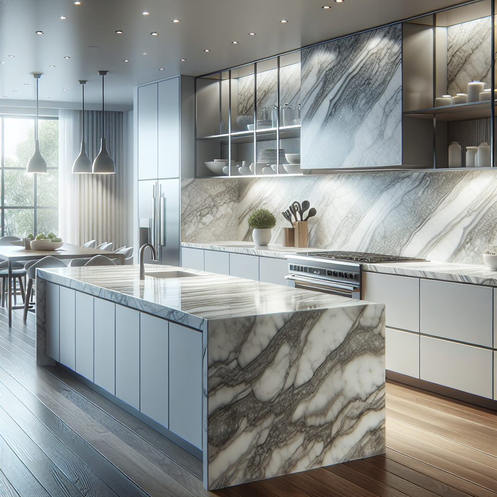 Modern kitchen countertop made of Hanstone Quartz with a marble-like pattern, in a well-lit kitchen setting.