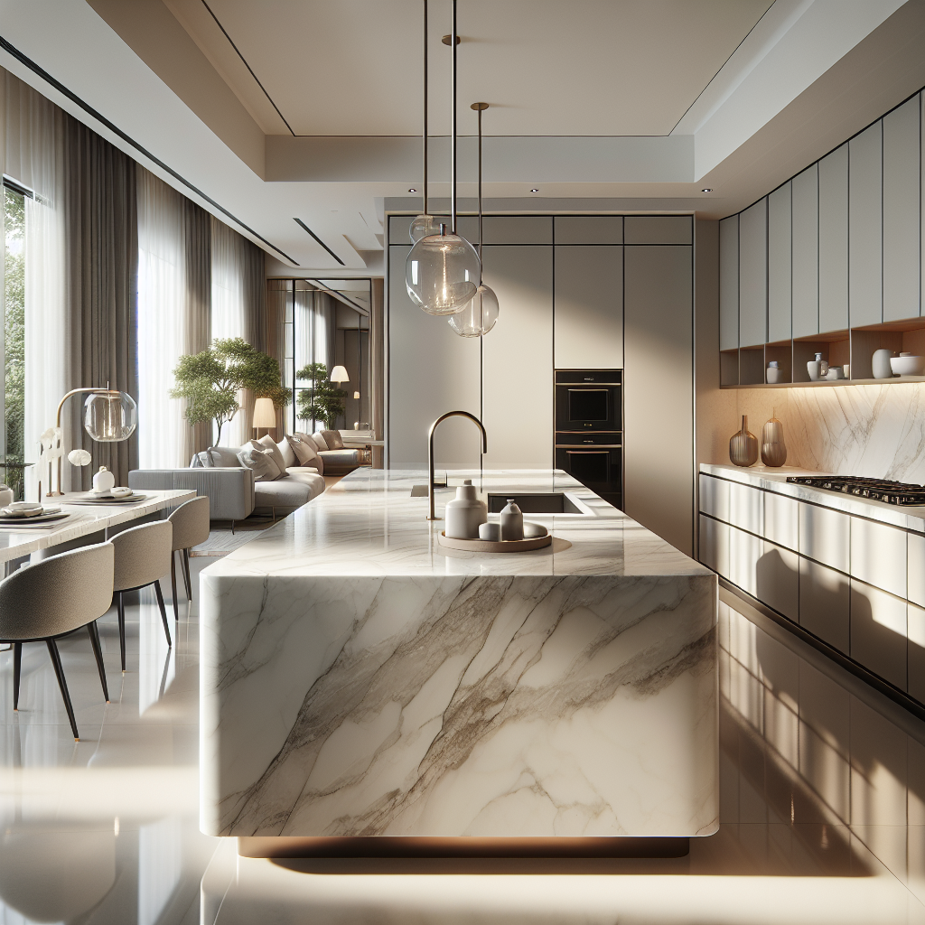 Luxurious kitchen countertop made of Hanstone Quartz with a marble-like finish.