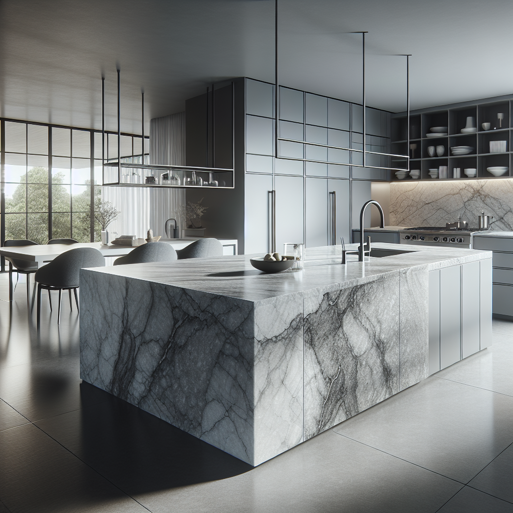 A modern kitchen countertop made of Pompeii Grigio Quartz with elegant grey tones and subtle veining.