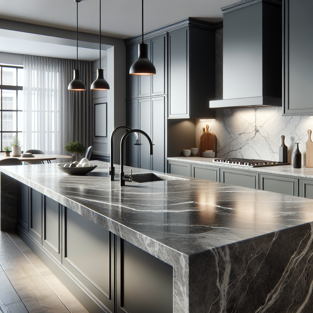 A kitchen countertop made from Pompeii Grigio Quartz, showing its elegant grey tones and polished surface.
