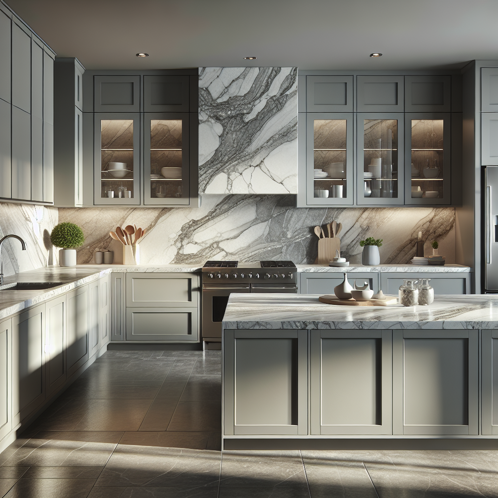 A modern kitchen with Pompeii Grigio Quartz countertops, featuring elegant grey tones and subtle veining.