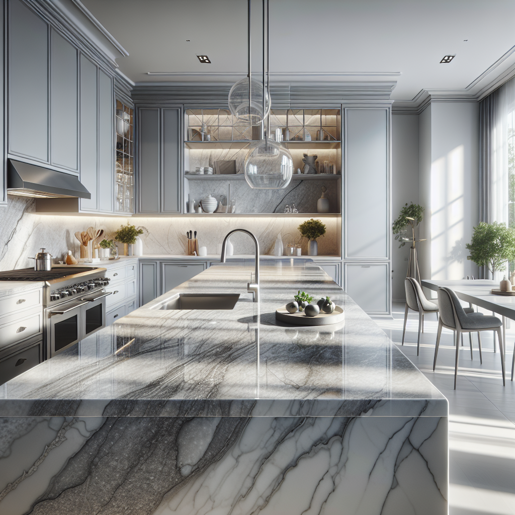 Realistic image of a Pompeii Grigio Quartz countertop in a modern kitchen.