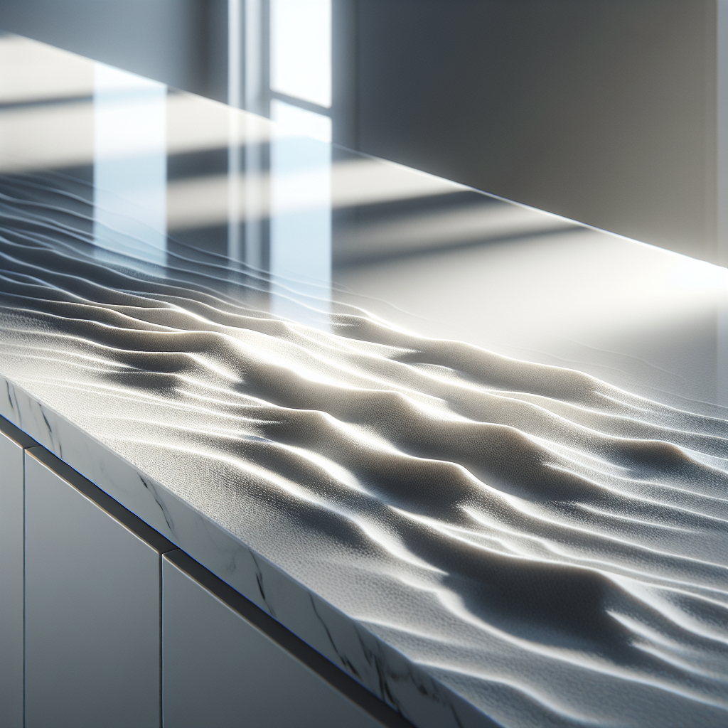 A pristine white quartz countertop with subtle veining, resembling beach sands.