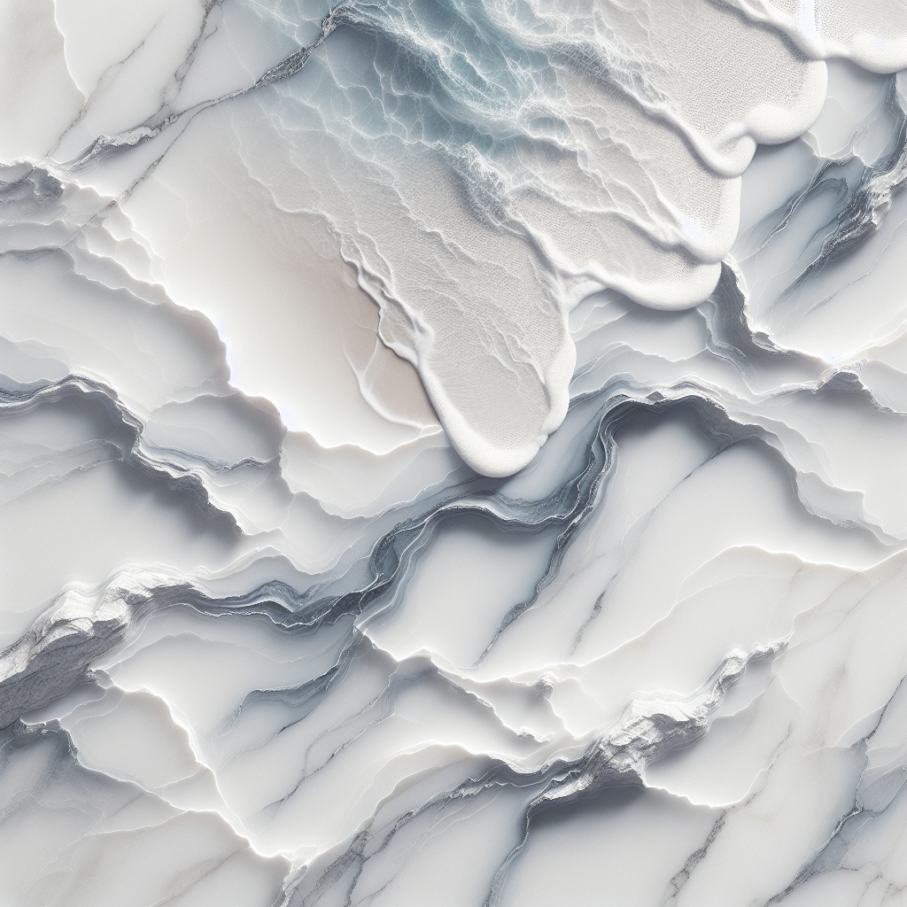 Close-up view of Pompeii Quartz Beach White showcasing its pristine white backdrop with subtle veining.