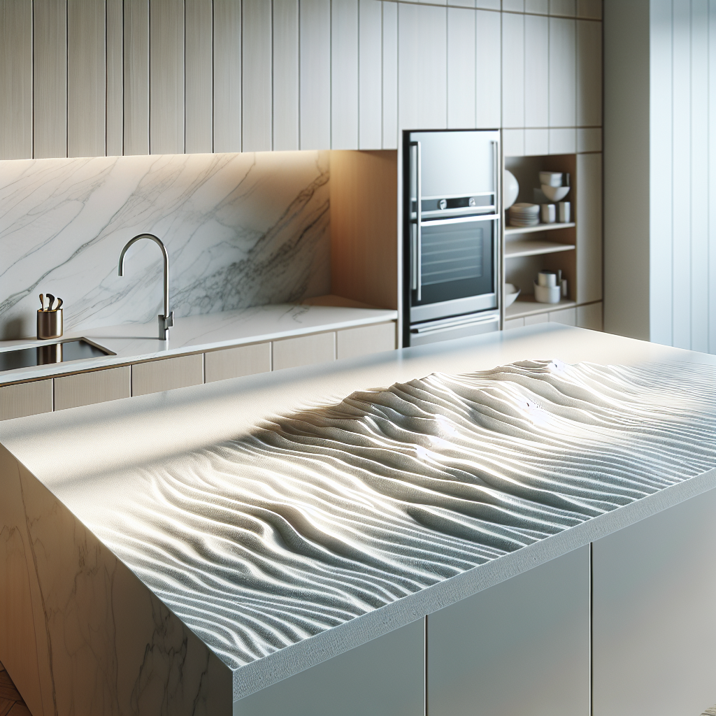 Pompeii Quartz Beach White kitchen countertop in a modern kitchen setting.
