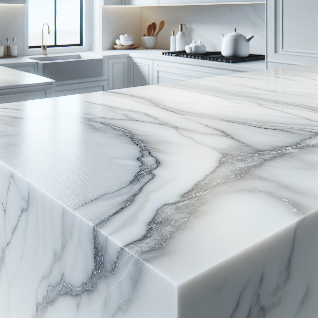 Pristine white quartz countertop with subtle veining in a modern interior setting.