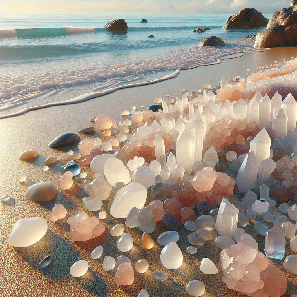 A realistic beach scene with various quartz pebbles on the sand.