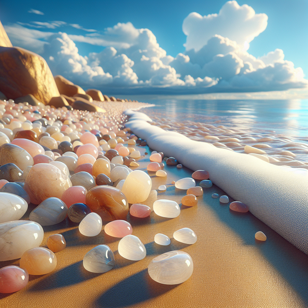 A realistic beach scene with various quartz pebbles on the sandy shore and gentle ocean waves.